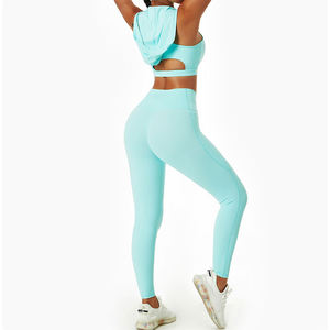 Ensemble de yoga pour femme : Crop top violet à col en V et dos nageur, leggings longs taille haute sans coutures avec poches - Product Image 4