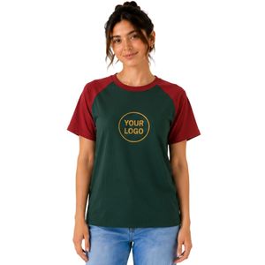 T-shirt Raglan Vert Foncé et Bordeaux pour Femme, Impression Logo Personnalisé, Col Rond, Manches Courtes, Polyester Coton, Tee-shirt Décontracté, Vêtements OEM - Product Image 1