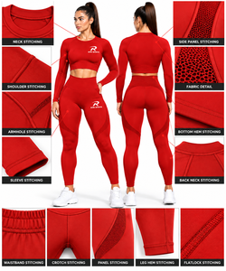 Red 2 Piece Yoga Set Women <b>Long</b> Sleeve Crop <b>Top</b> <b>Leggings</b> Breathable Solid Quick Dry Printed Activewear Gym Workout Outfit - Product Image 6