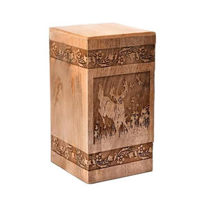 Rectangular Mango Wood Urn Indian Factory Production Urns with Deer Carved Pattern <b>for</b> Human Adult <b>Pet</b> <b>Ashes</b> USA Europe Memorial - Product Image 1
