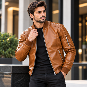 Chaqueta Bomber de Cuero Vacuno Marrón para Hombre con Cuello Alto, Mangas Acolchadas, Cierres Metálicos, Estilo Moto, Diseño Casual - Product Image 5