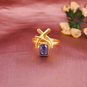 Anillo Ajustable de Latón Chapado en Oro con Cianita Azul Natural para Mujer - Product Image 1