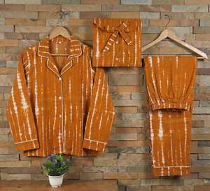 Ensemble de pyjama thermique pour femmes, tissé, 100% coton, couleur orange, imprimé dessiné à la main, dernière collection d'été, ensemble de pyjama pour femmes - Product Image 6