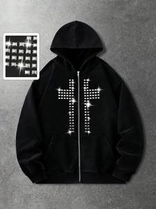 Sweat-shirt à capuche oversize pour homme, style urbain avec strass, streetwear décontracté, vêtements de sport, tissu épais. - Product Image 6