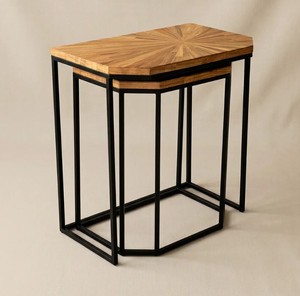 Handmade <b>Wooden</b> Set of 2 Nesting Coffee Tables Metal Leg Corner Side Tables <b>Stool</b> Flower Stand Farmhouse Living Room Bedroom - Product Image 1