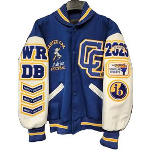 Chaqueta Varsity de Béisbol Personalizada con Bordado de Primera Calidad, Cuerpo de Lana Azul, Mangas de Cuero Blanco, Chaquetas Escolares - Product Image 1