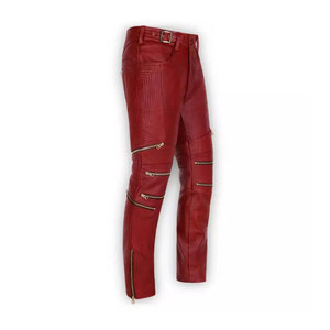 Pantalon en cuir véritable rouge pour homme, best-seller, décontracté, respirant, taille élastique noire, léger, haute qualité - Product Image 4