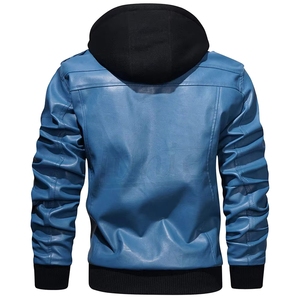 Veste en cuir PU bleue pour homme avec capuche, manches longues, coupe-vent, style automne - Product Image 2
