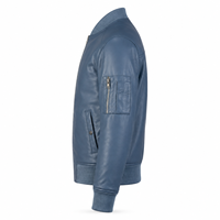 Blouson bomber classique en cuir bleu pour homme avec poche utilitaire sur la manche, col côtelé et ceinture