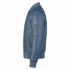 Chaqueta bomber MA-1 clásica de cuero azul para hombre con bolsillo utilitario en la manga, cuello y cinturilla acanalados - Product Image 6