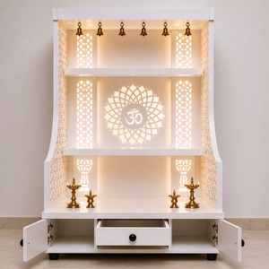 Modern Om Jali Teak Wood <b>Mandir</b> LED Lighting Luxury White Pooja Drawer Handcrafted Home Furniture Prayer Cabinet USA - Product Image 4