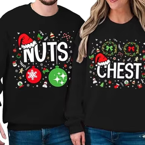 Nuts Chest Sudaderas navideñas a juego para parejas, conjuntos festivos con estampado negro, jersey unisex de corte regular con cuello redondo - Product Image 2