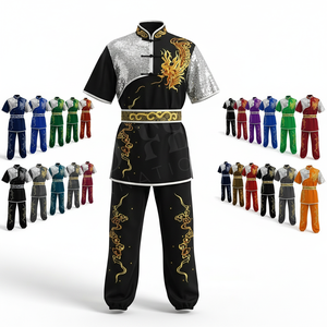 Uniforme de Artes Marciales MMA, Negro y Plateado, para Kung Fu y Wushu, con Bordado a Mano y Pedrería, Manga Corta, para Karate al Aire Libre - Product Image 1