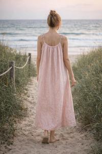 Robe longue décontractée d'été pour femme en lin écologique, col en V, sans manches, à nouer, coupe trapèze, ajustement régulier, fluide, pour la plage - Product Image 5