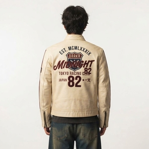 Chaqueta de cuero beige para hombre, estilo motero, con gráfico de carreras Midnight Tokyo, parche bordado, cuello alto, abrigo personalizado, ropa exterior Darkry - Product Image 2