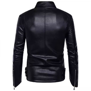 เสื้อแจ็คเก็ตหนัง PU ทรงสลิมฟิตสำหรับผู้ชาย ปกคอพับ ปิดด้วยซิป สีพื้น แขนเสื้อแบบปกติ - Product Image 4