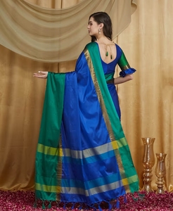 Sari de Algodón y Seda para Mujer KV, Azul Marino y Verde, con Estampado Sólido y Blusa sin Coser - Product Image 3