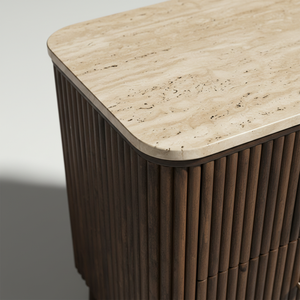 Mesa Auxiliar/De Noche Moderna con 2 Cajones, MDF de Acacia, Chapa de Roble, Tapa de Mármol, Diseño Dinámico para Comedor y Sala de Estar dormitorio. - Product Image 4