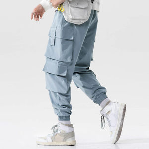 Pantalon cargo en toile bleu clair pour homme, taille élastique, plusieurs poches, décontracté, respirant, imperméable, léger, tissé, streetwear - Product Image 6