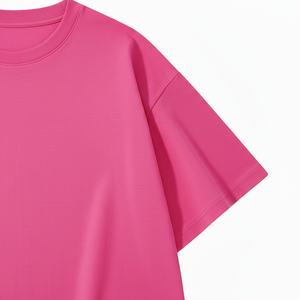 เสื้อยืดโอเวอร์ไซส์พิมพ์โลโก้ตามสั่ง สีชมพูสด ทรงหลวม ไหล่ตก ผ้าคอตตอนผสมโพลีเอสเตอร์เนื้อหนา เสื้อยืดเรียบง่าย สไตล์สตรีทแวร์ - Product Image 5
