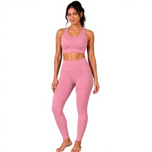 Ensemble de yoga rose 2 pièces : Crop top et leggings taille haute pleine longueur, couleur unie, respirant, en Spandex et Polyester, dos nageur sans manches - Product Image 1