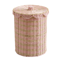 Keranjang Penyimpanan Rotan Silinder Bergaris Pink Cantik untuk Pakaian, Mainan, Selimut, Perabot Kamar Anak Grosir