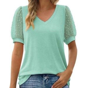 <b>Women's</b> Mint Green V-Neck T-Shirt With <b>Mesh</b> Puff Sleeves Casual Spring Summer <b>Top</b> Regular Fit Knitted Breathable Solid Color - Product Image 1