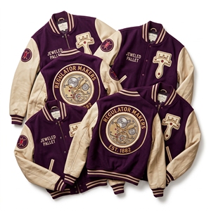 Blouson universitaire personnalisé OEM en laine avec manches en cuir, broderie horlogère, patch Deadbeat Escapement, manteau bleu marine - Product Image 2