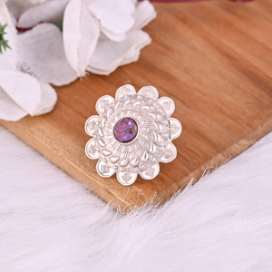 แหวนลายดอกไม้ประดับพลอยเทอร์ควอยซ์สีม่วงธรรมชาติ |   เงินแท้ 925 - Product Image 4