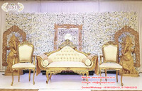 Canapé et chaises de scène de mariage musulman Nikkah, thème marocain, ensemble de canapés de scène de mariage en bois de teck moderne, léger, doré poli et sculpté