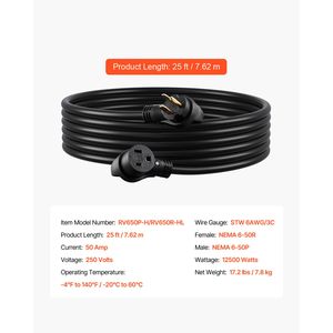 Cable de Extensión para Generador de 50 Amperios, 250V, 12500W, 25 Pies, Cable de Alimentación de Alta Resistencia 6AWG con NEMA 50R y 50P, Compatible con Soldadoras Flexibles - Product Image 4