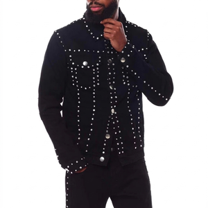 Men's <b>Punk</b> Style Denim <b>Jacket</b> With Rivet Decoration Turn-down Collar Regular Sleeve Autumn Wear - Product Image 1