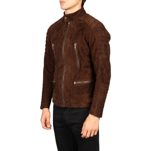 Men's Brown Suede <b>Faux</b> Leather Motorcycle Jacket Stand Collur Zipper Biker <b>Coat</b> - Product Image 3