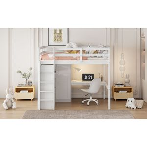 Letto a Soppalco Bianco Full-Size con Armadio Integrato, Scrivania e Scaffali - Soluzione Completa di Arredamento in Legno - Product Image 5