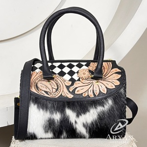 New Super September Floral Tooled Black & White Checker <b>Leather</b> Medium Speedy Duffel <b>Bags</b> Cowhide <b>Leather</b> Women Travel Handbags - Product Image 1