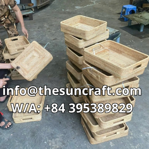 Elegant <b>Woven</b> Rattan Tray Wooden Serving Base for Tea Coffee Snacks Eco Conscious Kitchen Dining Room Ware - Product Image 4