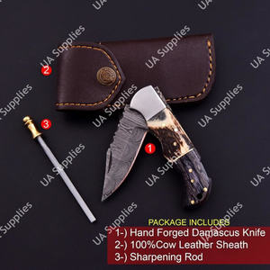 Cuchillo Plegable de Acero de Damasco Hecho a Mano de Grado Industrial con Mango de Cuerno de Ciervo y Madera, Punta Caída, para Acampada al Aire Libre y Uso Diario (EDC) - Product Image 2