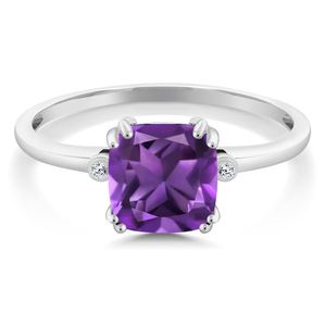 แหวนแต่งงานและหมั้นประดับพลอยอเมทิสต์ทรงคุชชั่นชุบทองคำขาวบนตัวเรือนเงินแท้ 925 - Product Image 2