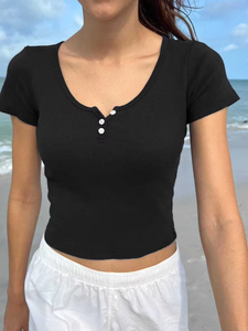 Camiseta de Mujer con Cuello Cuadrado, Manga Corta, Ajustada, Estilo Crop Top, con Botones, Tipo Henley - Product Image 5