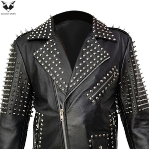2026 Slim Fit Premium Quality Easy Wear Comfortable Handmade Genuine Leather Stand Collar Front Logo <b>Studded</b> Jacket <b>Men</b> Raccoon - Product Image 6