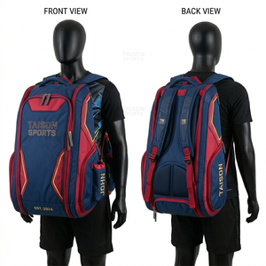 Sac de sport de tennis pour homme en polyester 600D 380 GSM, bleu marine et rouge, design multi-panneaux, logo brodé, sac à dos personnalisé, durable, pour le voyage - Product Image 1