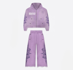 Ensemble de survêtement vintage avec sweat-shirt zippé et pantalon évasé, imprimé personnalisé, style streetwear, en molleton de coton vieilli - Product Image 4