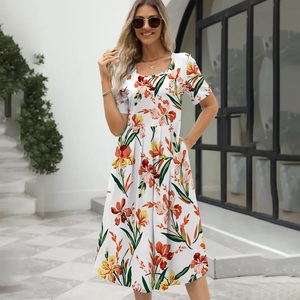 Vestido de Verano 2026 para Mujer, Estilo Europeo y Estadounidense, Elegante, Estampado, Cuello Redondo, Manga Corta, con Cierre - Product Image 1