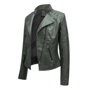 Forrest vert fermeture éclair Moto Biker Style ajusté matelassé point cuir femmes vestes avec dentelle Accents poches zippées automne élégant - Product Image 3