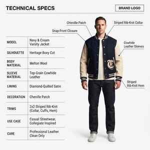 Men's Regular-Length Varsity <b>Jacket</b> 24oz Melton Wool Body Genuine Cowhide Leather Sleeves <b>Waterproof</b> Letterman Style Outerwear - Product Image 5