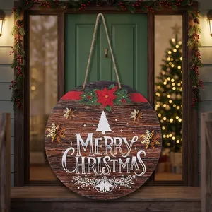 Letrero Colgante de Madera de Navidad, Corona Redonda Rústica Marrón Decorada con Copo de Nieve y Flor de Pascua Roja, Decoración Festiva Perfecta para Puerta - Product Image 4