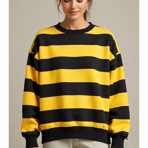 Sweat-shirt surdimensionné à col rond imprimé rayé pour femme, manches longues, en coton tricoté, pour l'hiver et l'automne, motif jaune et noir - Product Image 1