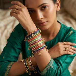 Handmade Women Rainbow Colour Bridal Kasmiri Churiyan <b>Bangles</b> Pearl Trendy Geometric Design Customizable Colors Sizes Velvet - Product Image 5