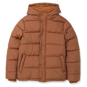 Unisex Hooded Puffer Jacket Solid Color Thick Polyester Summer <b>Coat</b> <b>Zipper</b> Closure Casual Style Windproof Outerwear Front Logo - Product Image 1