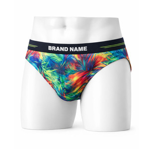 Custom Brand Name Men's Printed Brief Underwear Tropical Floral Sublimation Print Black Waistband OEM Private Label - Product Image 1